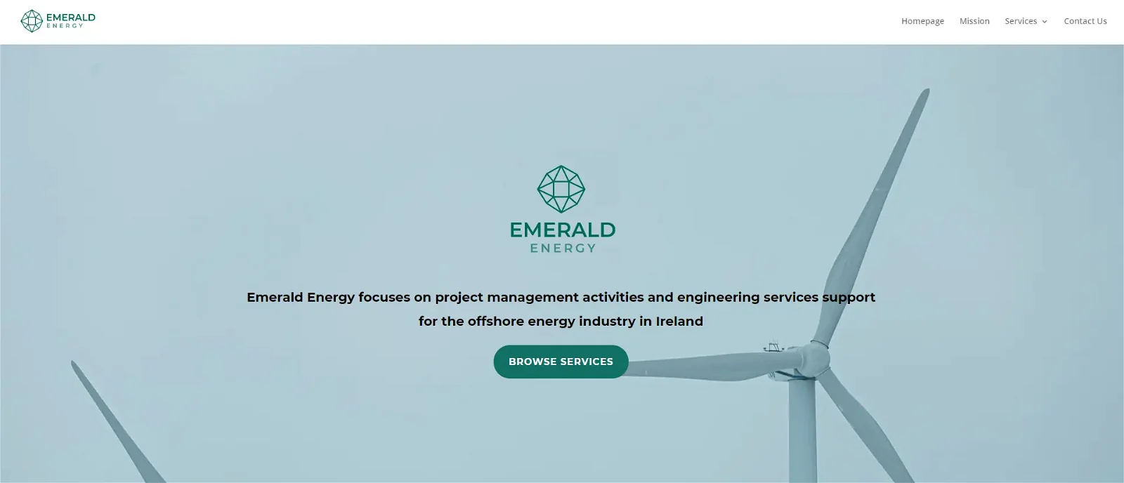 This image is the homepage of Emerald Energy, which provides project management activities and engineering services support for the offshore energy industry in Ireland.