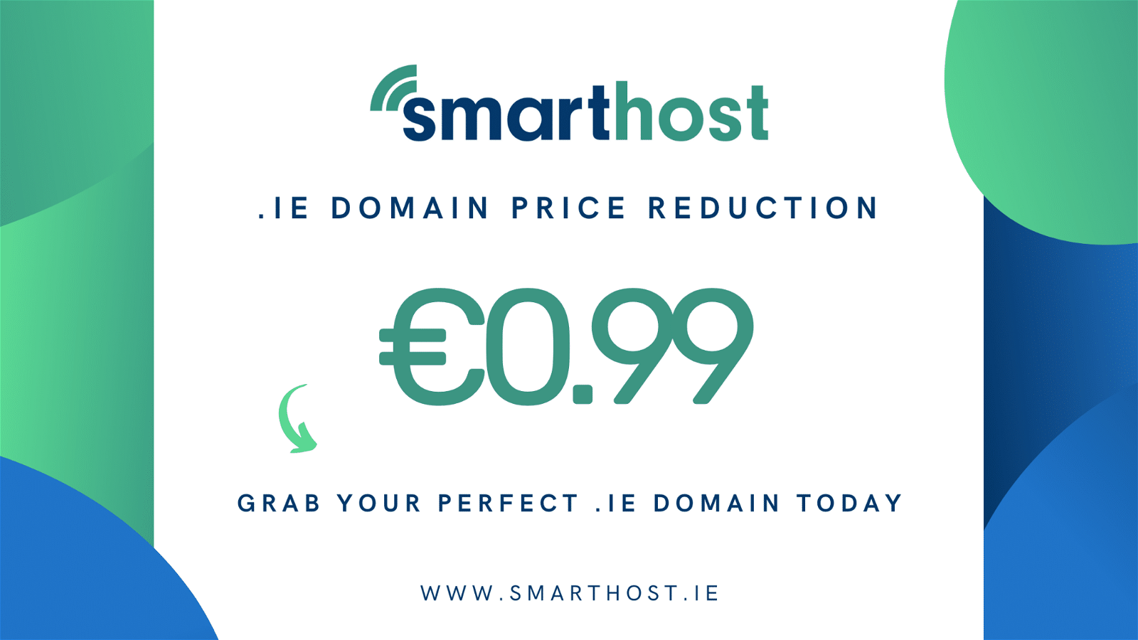 The image is advertising a price reduction for .ie domain names from SmartHost.ie.