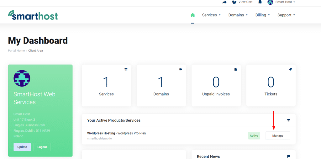 The image shows a customer's dashboard for Smart Host Web Services, displaying their active products and services, unpaid invoices, tickets, and recent news.