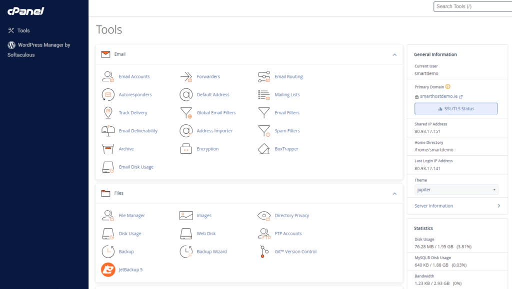 This image is showing the cPanel search tools for managing a website, including email accounts, email filters, SSL/TLS status, and disk usage.