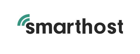 The image contains the logo for "smarthost" in a simple black font with a stylized green waveform above the letter 's'.