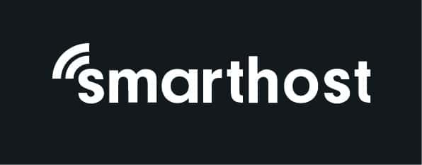 The image shows a logo with the word "smarthost" in white lowercase letters on a dark background, featuring a graphic element resembling a signal above the letter 's'.