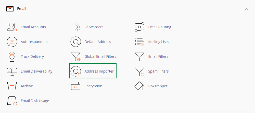 This image is showing a list of features related to email accounts, such as email routing, autoresponders, mailing lists, filters, deliverability, encryption, and disk usage.