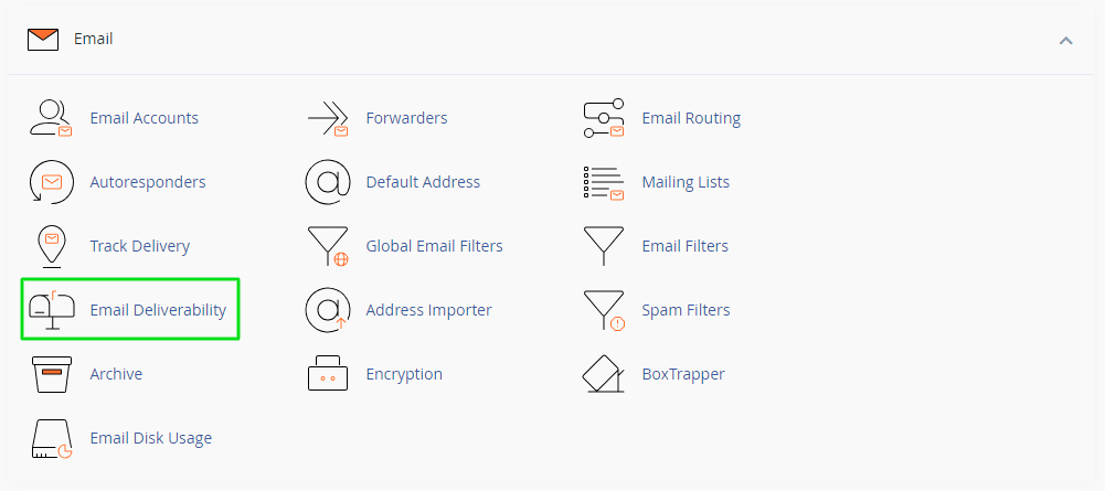 This image is showing a list of features related to email accounts, such as email routing, autoresponders, mailing lists, filters, and encryption.