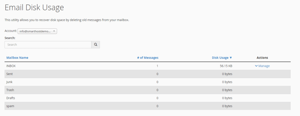 This image shows an email disk usage interface for managing storage by deleting old messages, with various mailboxes and their respective data usage listed.