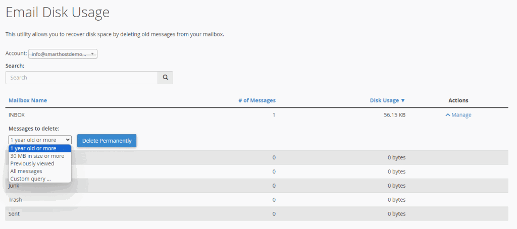 The image shows an 'Email Disk Usage' screen from a web hosting control panel, indicating options for deleting old messages to free up space.
