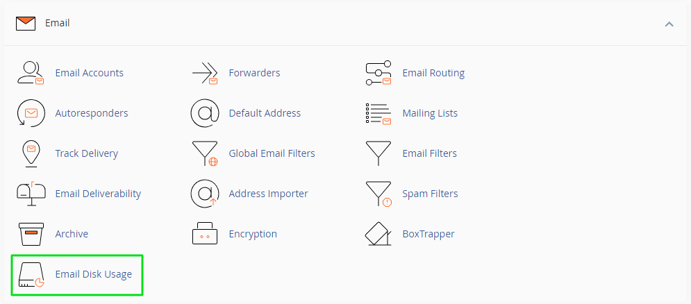 The image shows a web hosting control panel interface highlighting various email management options, with "Email Disk Usage" currently selected.