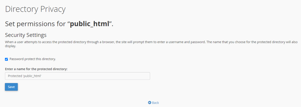 The image shows a web interface for setting directory privacy, specifically to password-protect a directory named "public_html" and the option to save changes.