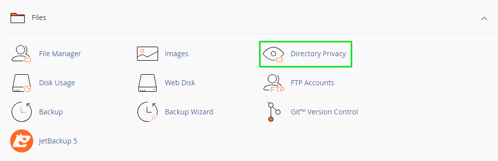 The image shows a computer interface with icons for file management tasks, including "Directory Privacy" highlighted within a green rectangle.