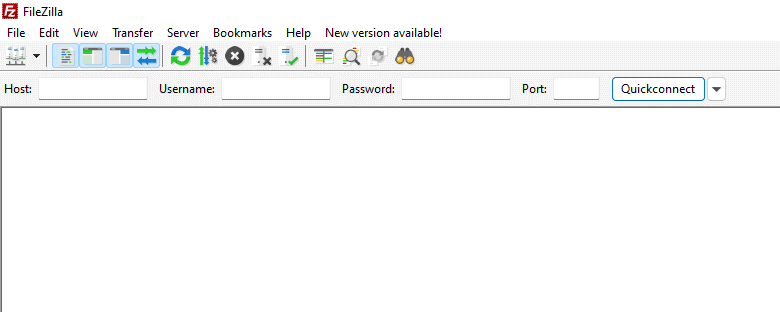 This is a screenshot of the FileZilla application interface, showing menu options and fields for Host, Username, Password, and Port for establishing a connection.