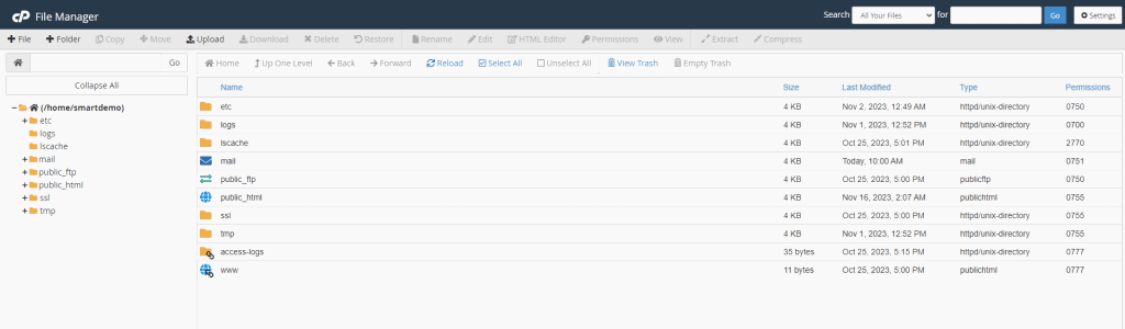 The image shows a screenshot of the cPanel File Manager with various directories such as etc, logs, mail, and public_html, displaying details like size, modification date, type, and permissions.