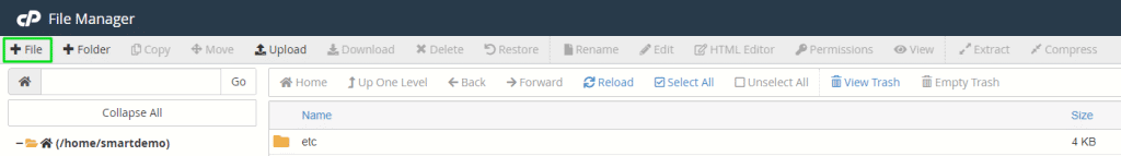 The image displays a web-based file manager interface, showing options like upload, download, copy, move, and delete, with a directory path and one folder listed.