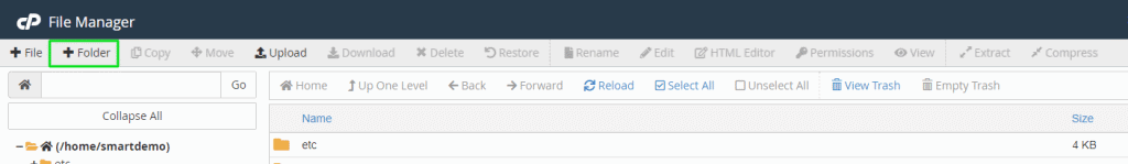 This is a screenshot of the cPanel File Manager interface with options like 'File,' 'Folder,' 'Copy,' and 'Upload' visible at the top.