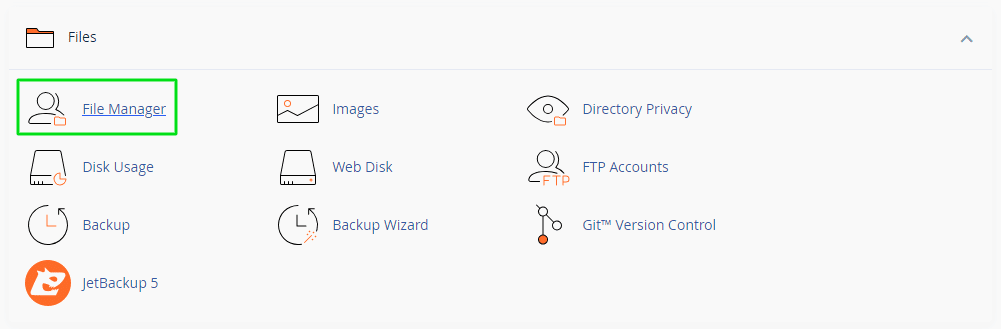 The image shows a web hosting control panel interface with options like File Manager, Images, Directory Privacy, FTP Accounts, highlighted around the File Manager.