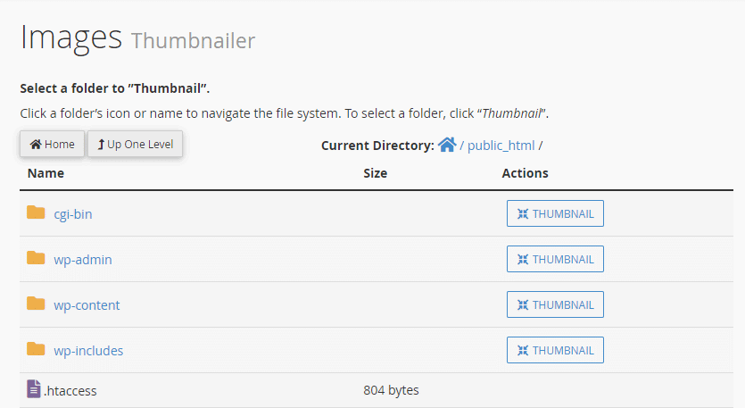 This is a screenshot of a web-based file manager interface, specifically for managing and generating thumbnails of images within various directories of a website.