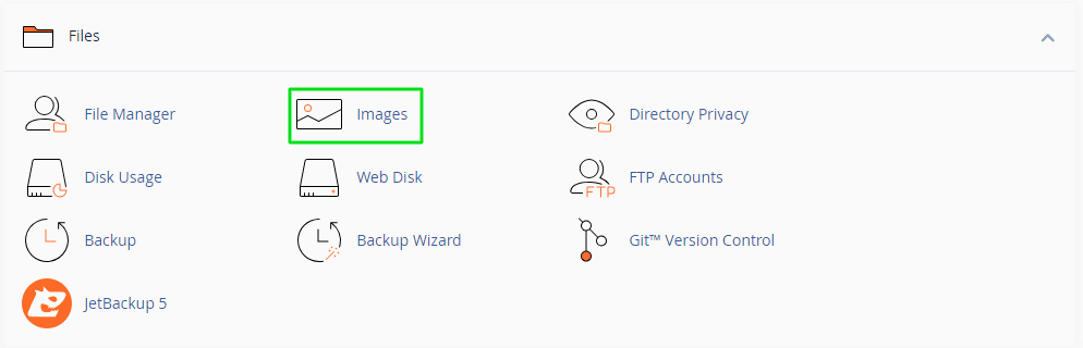 The image shows a computer interface with icons for various file management and hosting tools like File Manager, Backup, FTP Accounts, and Images highlighted in green.