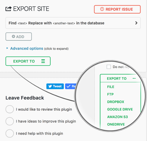 A screenshot of the All in One WP Migration Export Site page with the Export To section Highlighted