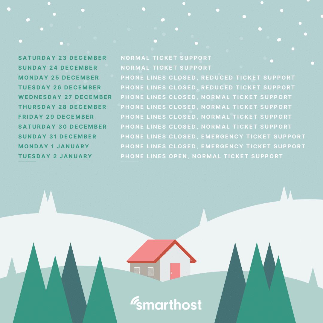 An image detailing the operational hours and method of communication to the SmartHost team over the upcoming Christmas and New Year holiday period