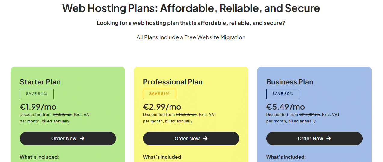 A screenshot of the available web hosting plans available from SmartHost