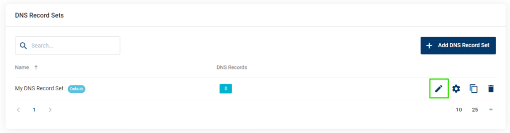 Dns record sets management interface with the options to add a new record, refresh the list, and configure settings.