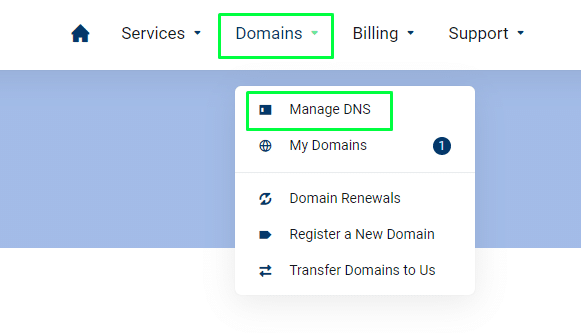 A screenshot of a web interface highlighting the "manage dns" option under a "domains" dropdown menu.