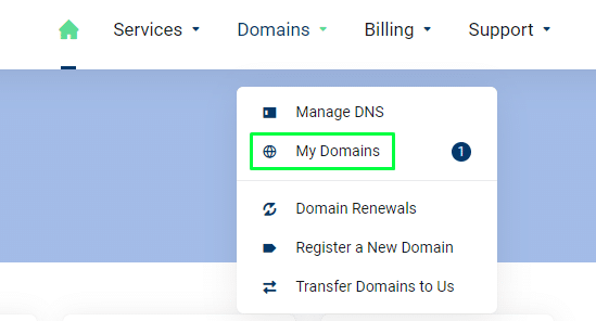 Screenshot of a website interface highlighting the "my domains" option within a domain management service.