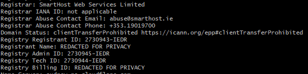 A screenshot showing the whois information of a domain with certain details redacted for privacy.