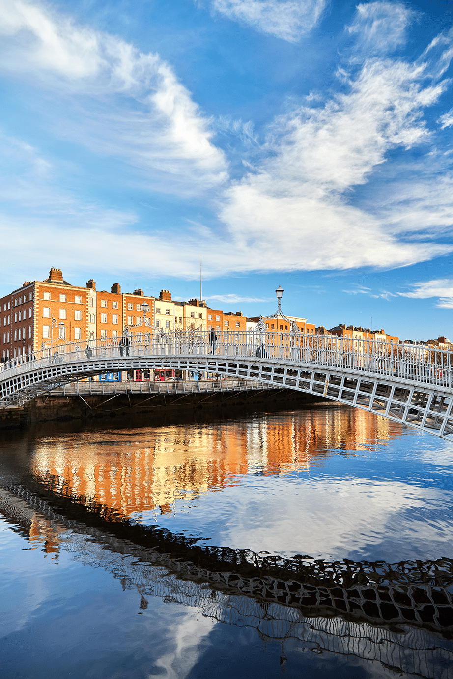 View of the Ha'penny Bridge over the River Liffey in Dublin, Ireland, with historic buildings reflected in the water under a blue sky to boost your website's SEO.

